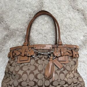 Coach Brown and Tan Signature Shoulder Bag